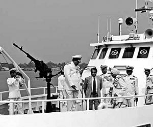 Vice-Admiral Anil Chopra, Director-General, Indian Coast Guard, commissioning Interceptor Boat C-151 of the Coast Guard in Kochi on Monday.