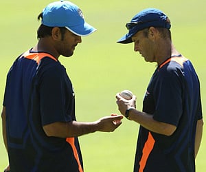 Mahendra Singh Dhoni and Gary Kirsten of India attend a national cricket team practice session. (Getty Images)