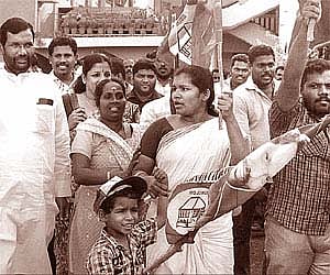 Lok Janshakti Party president Ram Vilas Paswan being escorted to the venue for the release of the manifesto of the Secular Democratic Front, in Kochi.