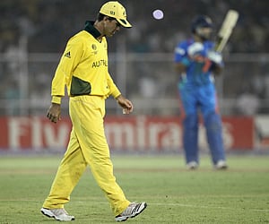 Ricky Ponting of Australia looks on during the 2011 ICC WC Quarter Final match against India at Sardar Patel Stadium. (Getty Images)