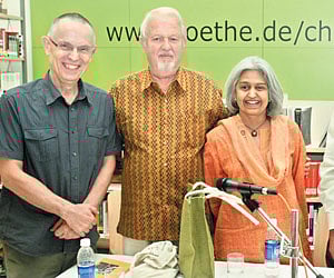 Karl Pechatscheck, director, Goethe Institut, Chennai, Dirk Angelroth, Hem Mahesh, AV Dhanushkodi and PC Ramakrishna at the book launch (EPS)