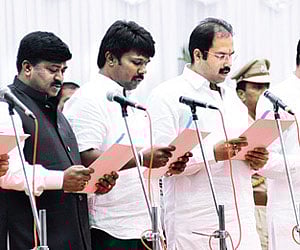Five more ministers take the oath administered by Governor HR Bhardwaj at Raj Bhavan in Bangalore on Thursday|Express Photo by Nagaraja Gadekal.