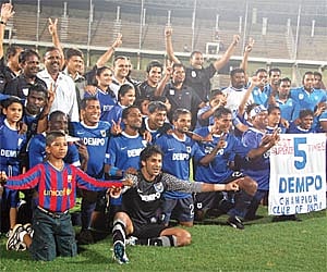 Dempo players celebrate after winning the I-League title