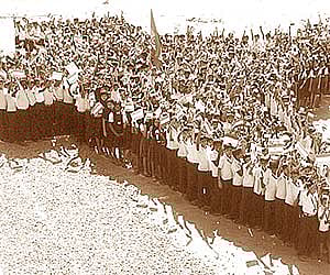 Students and teachers of Amballoor St Francis UP School line up in the shape of  the map of India to mark the one-month-long Independence Day.