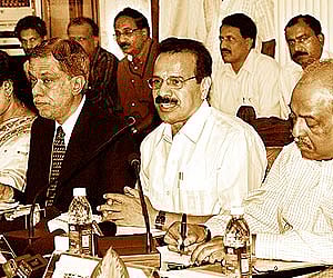 (From left) Chief Secretary SV Ranganath, Chief Minister DV Sadananda Gowda and Additional Chief Secretary K Jairaj at a meeting| Express.
