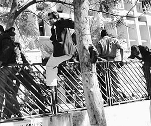 Telangana JAC advocates outside Censor Board office demanding the issuance of clearance to the film ‘Jai bolo Telangana’| Express Photo.
