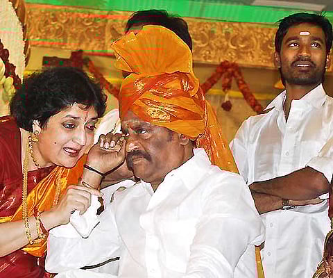 Rajinikanth, Latha Rajinikanth and Danush during the wedding ceremony in Chennai. EPS