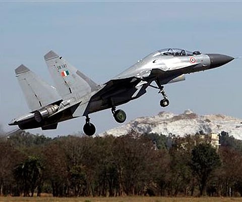 Indian Air Force Sukhoi Su-30 fighter aircraft takes off at the Aero India 2011 in Yelahanka Air Force Station, Bangalore. (AP)