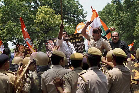 Congress activists protest outside BJP office in Delhi