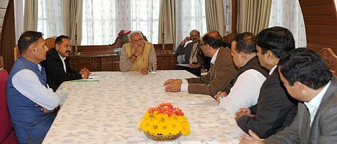 Prime Minister Narendra Modi with members of various groups during their meeting at Raj Bhawan Srinagar on Thursday. MoS for Science Technology I/C Earth Sciences I/C Prime Minister Office Personnel Public Grievances Pensions Deptt. of Atomic Energy and D