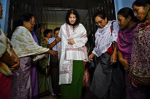 Irom Sharmila, center, walks out of a security ward after her release in Porompal district, in Imphal on Wednesday | AP