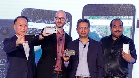 Kim ki wan(MD, LG India), David shapiro (Global director of chrome and Android, Google), Rajan Anandan (Vice-president Google south-East Asia) and P. Sanjeev (VP Sales, Huawei India) launch Google Nexus mobile phone in new delhi on tuesday. | Express Phot