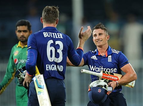 England's batsman James Taylor, right, and Jose Buttler shakes hands after the 3rd One Day Internationals between Pakistan and England at the Sharjah Cricket Stadium in Sharjah, United Arab Emirates| AP