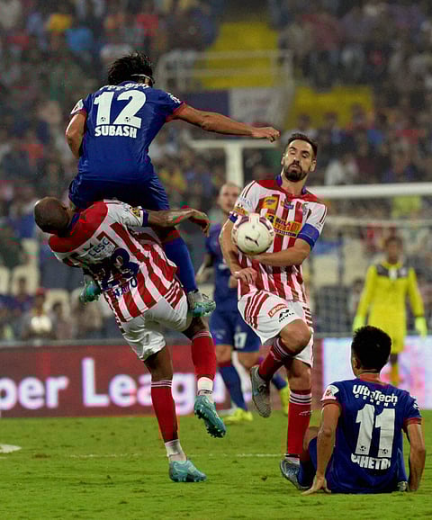 Mumbai City FC Blue and Atletico de Kolkata White players in action during the Indian Super League ISL match at DY Patil Stadium in Navi Mumbai on Sunday. | File PTI