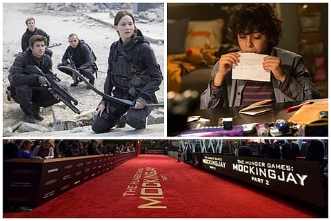 (Top Left) Liam Hemsworth, left, as Gale Hawthorne, Sam Clafin, back left, as Finnick Odair, Evan Ross, back right, as Messalia, and Jennifer Lawrence, right, as Katniss Everdeen, in the film, "The Hunger Games: Mockingjay - Part 2." and (Top Right) Emj