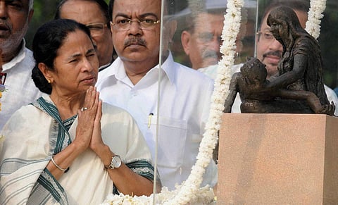 West Bengal Chief Minister Mamata Banerjee during foundation stone laying ceremony of  'Bhasha Shahid Memorial Monument' ahead of International Mother Language Day, in Kolkata on Thursday. PTI