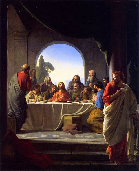 Judas Iscariot (right), retiring from the Last Supper, painting by Carl Bloch, late 19th century