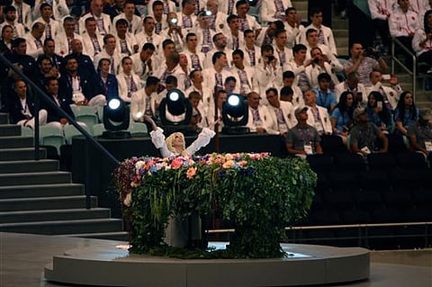US singer Lady Gaga gestures, during the opening ceremony of the 2015 European Games, in Baku, Azerbaijan, Friday, June 12, 2015. (AP Photo/Dmitry Lovetsky)