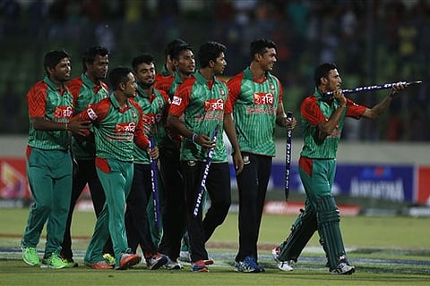 Bangladesh’s players celebrate their win over India during their second one-day international cricket match in Dhaka, Bangladesh. |AP