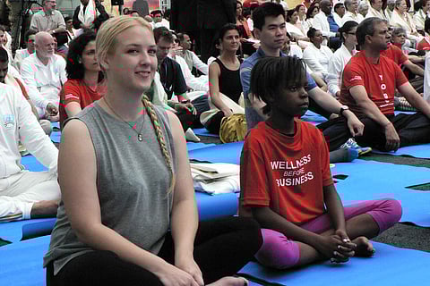 Elizabeth Resch from Austria, an intern at the UN office for developing the post-2015 development agenda, at the International Day of Yoga celebrations at the UN. |IANS