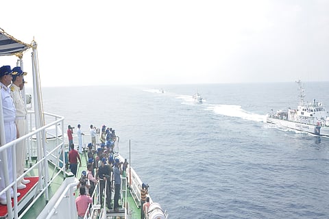 India and Japan Coast Guard joint exercise “Sahyog Kaijin - XV” at Bay of Bengal on 15 Jan 2015 (Today).  Steam past witnessed by Vice Admiral HCS Bisht, Director General Indian Coast Guard and Vice Admiral Hideyo Hanamizu, Vice Commandant Japan Coast Gua