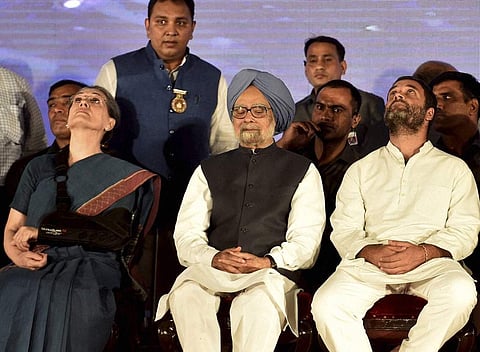 Congress President Sonia Gandhi former PM Manmohan Singh and Congress Vice President Rahul Gandhi during Dussehra celebrations at Red Fort Ground in New Delhi. (Photo | PTI)