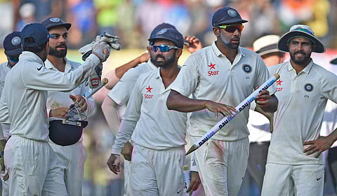 Indian players celebrate thier victroy during the third test match against New Zealand in Indore on Tuesday. | PTI