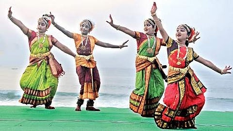 Kuchipudi dancers performing at the Vempati Chinna Satyam Jayanthi Nrutyotsavam 2016 at RK Beach in Visakhapatnam on Saturday |RVK Rao