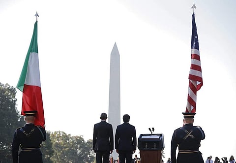 US President Barack Obama and Italian Prime Minister Matteo Renzi stand on stage during a state arrival ceremony on the South Lawn of the White House in Washington on 18th October. (Photo | AP)