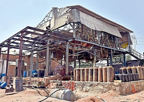 (Clockwise) Sai Priya chemicals factory after the blast; the body of the labourer who died on the spot; the factory watchman showing the wound on his head; the spot where the blast happened at Bachara