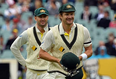 Australia's cricketer Shane Watson (R) and captain Michael Clarke (File|AFP)