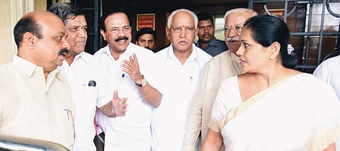 Senior BJP leaders arrive for the all-party meeting to discuss the Cauvery issue on Saturday | NAGARAJA GADEKAL