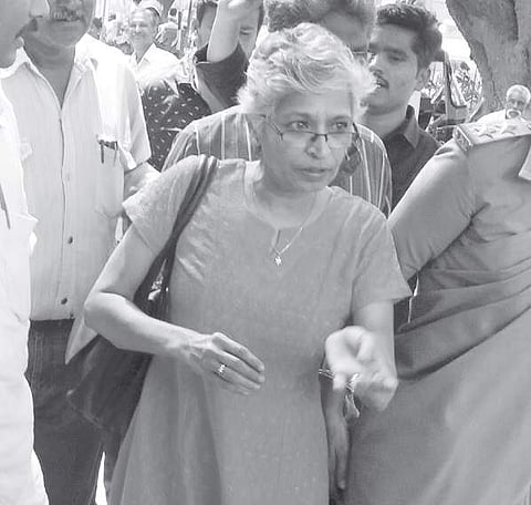 Gauri Lankesh at the Court complex in Hubballi on Saturday | D Hemanth