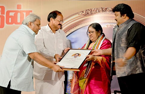 Union Minister M Venkaiah Naidu and actor ram kumar conferring veteran actor Vanisri with the Dr Sivaji Ganesan memorial on the late actor’s 88th birth anniversary on Friday. Also seen is actor Prabhu