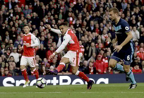 Arsenal's Alexis Sanchez fails to score a shot during the match between Arsenal and Middlesbrough at the Emirates Stadium in London. (Photo | AP)