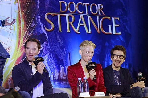 Director Scott Derrickson, Tilda Swinton and Benedict Cumberbatch speak at a press conference to promote Doctor Strange in Hong Kong. (Photo | AP)