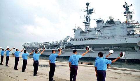 Naval officers bid adieu to INS Viraat, the oldest aircraft carrier in the world, at Naval Base in Kochi. (Photo | EPS)