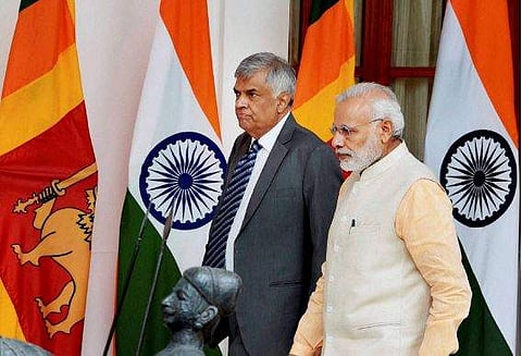 Prime Minister Narendra Modi with his Sri Lankan counterpart Ranil Wickremesinghe before their meeting at Hyderabad House in New Delhi on Wednesday. | PTI