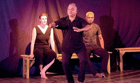 Hélène Courvoisier, K Unnikrishnan Nair and Sadanam Manikandan during the  performance of ‘Mithuna’ at Co- Bank Towers on Thursday.    KaviyoorSanthosh