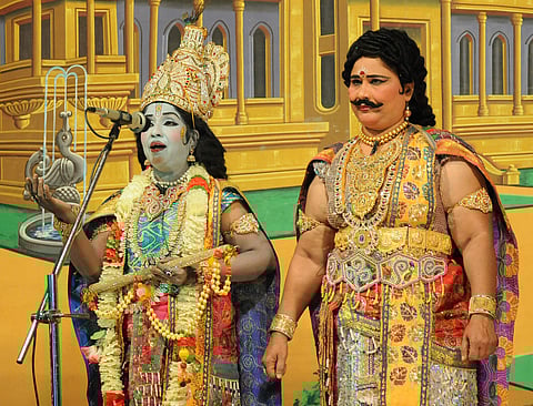 Women staging the play, ‘Krishna Sandhana’, at the Town Hall in  Mysuru on Friday