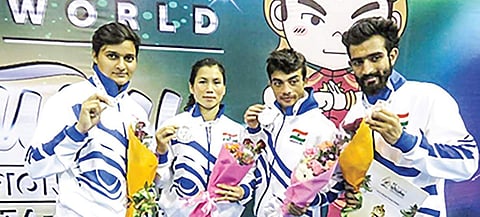 (from left): Silver winners Monika, Sanathoi Devi, Uchit Sharma and Surya Bhanu Pratap Singh | EXPRESS