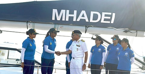 Rear Admiral Monty Khanna greeting  the crew of INSV Mhadei prior to the flag-off