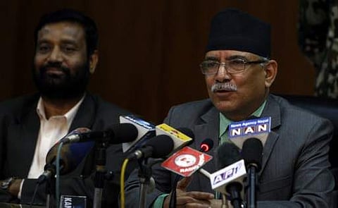 Pushpa Kamal Dahal, also known as Prachanda, at a press conferences on his government's first 100 days in office in Kathmandu on November 11. (Photo | AFP)