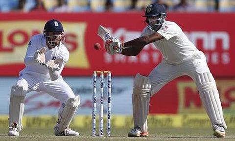 Indian batsman Ravichandran Ashwin bats on the fourth day of the first cricket test match between India and England in Rajkot, India, Saturday.(Photo | AP)