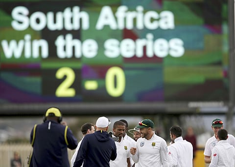 South African teammates leave the field after defeating Australia in their cricket test match in Hobart, Australia, Tuesday, Nov. 15, 2016. | AP