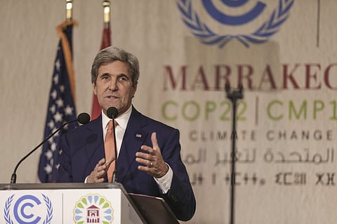 US Secretary of State John Kerry delivers an address at the COP22 climate change conference in Marrakech. (Photo | AP)