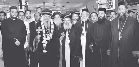 Ethiopian Orthodox Church head Patriarch Abune Mathias being received at the Nedumbassery airport by the bishops of Orthodox Church