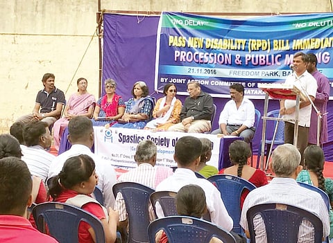 The organisations working for the disabled held a protest demanding the passage of RPWD Bill on Monday