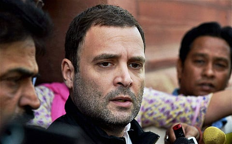 Congress Vice President Rahul Gandhi addressing the media at Parliament during the winter session in New Delhi on Monday. | PTI