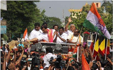 Chief minister V Narayanasamy on a procession celebrating his victory in Nellithope by elections in Puducherry. | (G Pattabiraman | EPS)